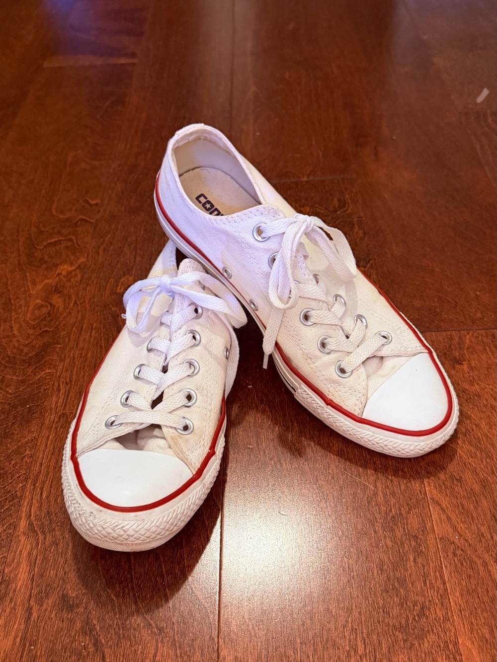 Converse White Low-Top Canvas Sneakers with Red Stripe